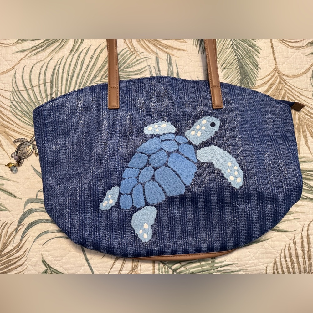 Vera Bradley Regatta Turtle Blue Straw Shoulder Bag NWT